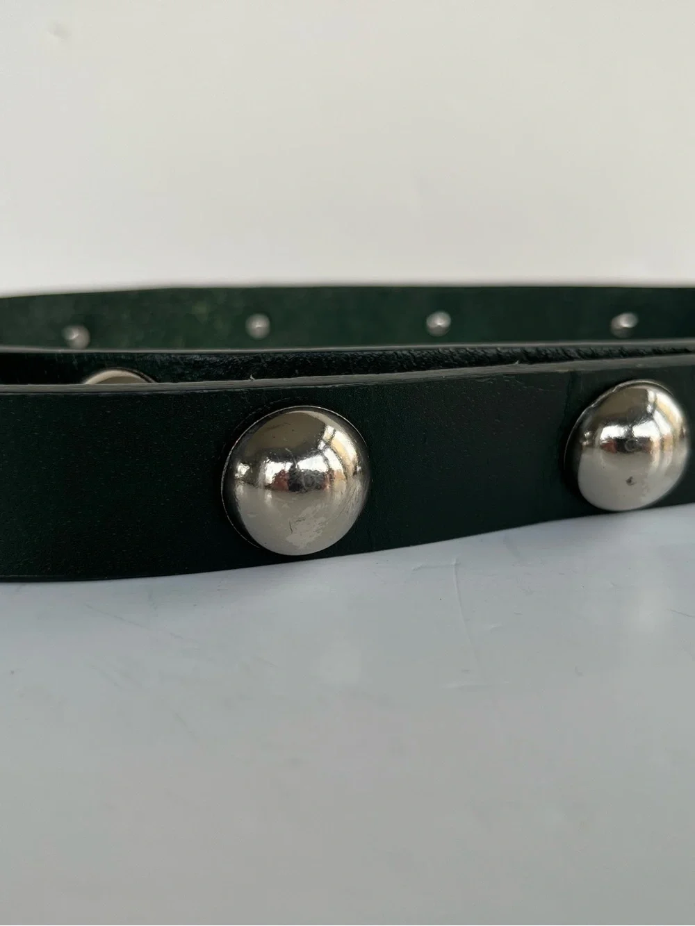 Y2K Boho inspired Dark Green Studded Leather Belt with Silver Buckle Size 36”W